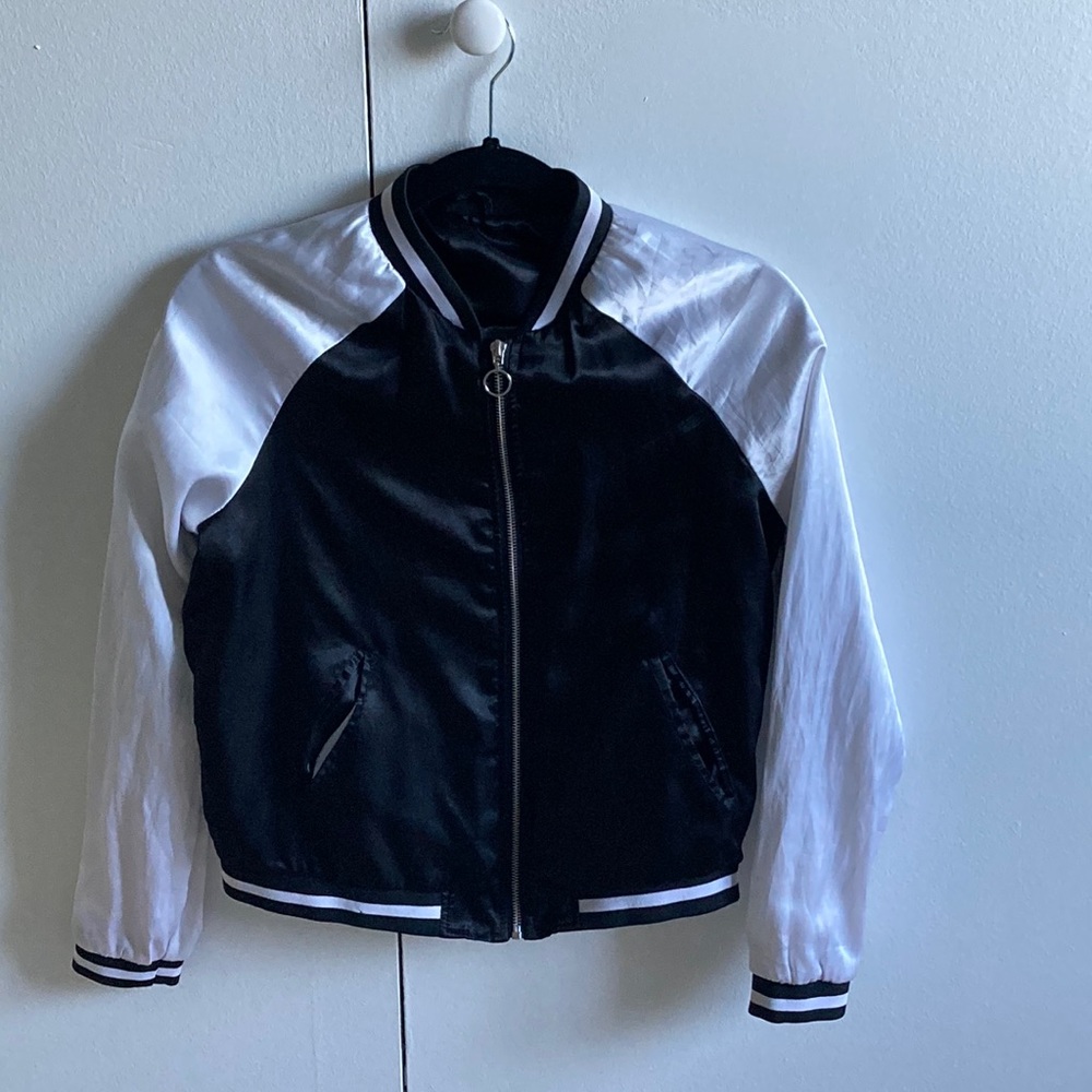 Black and white contrast sleeve bomber jacket